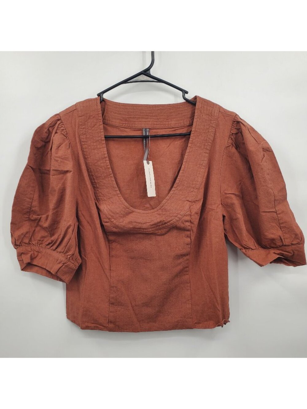 Anthropologie Puff Sleeve Scoop Neck Linen Top Women Size Large NWT